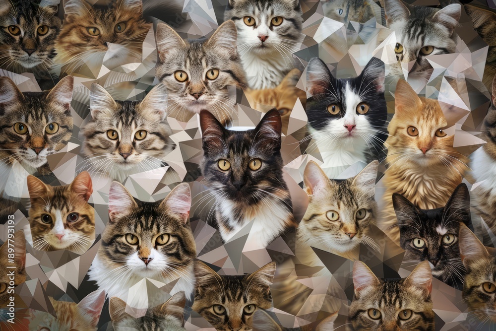 Fototapeta premium an abstract pattern made of photorealistic cats of different breeds