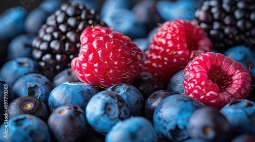 Close-Up of Fresh Berries Including Raspberries, Blackberries, and Blueberries