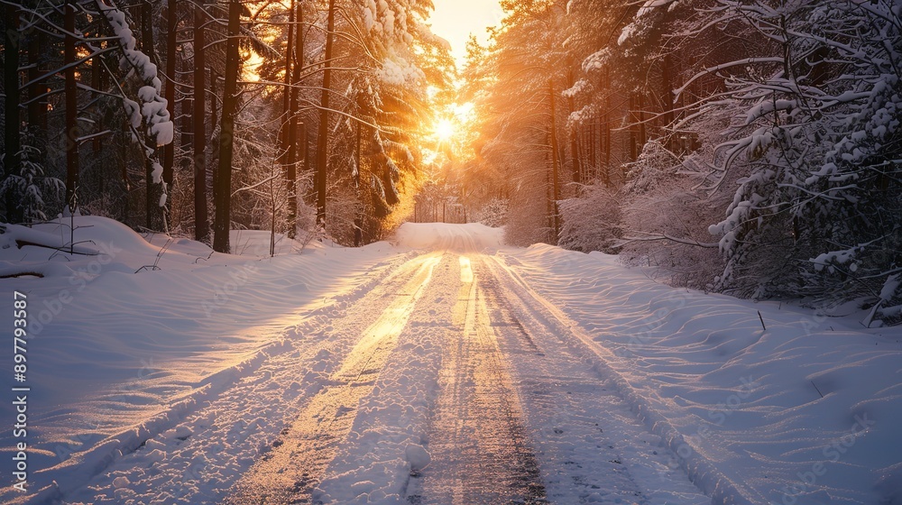 road covered with snow in winter time during sunset road covered with snow in winter time during sunset