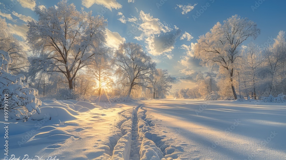 Icy landscape with snow-covered trees