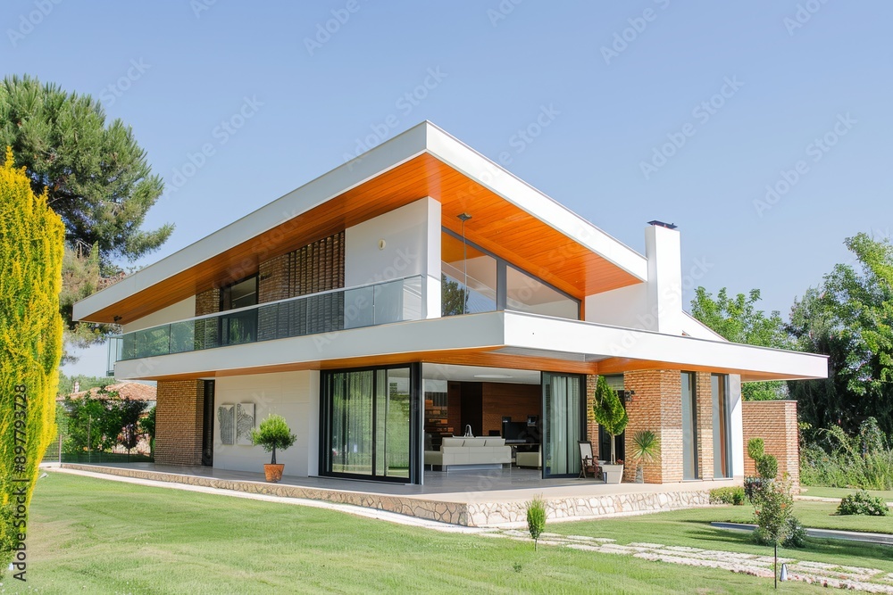 Contemporary two-story house featuring large glass windows, wooden accents, and a spacious lawn on a sunny day. Contemporary two-story house featuring large glass windows, wooden accents, and a spacious lawn on a sunny day.