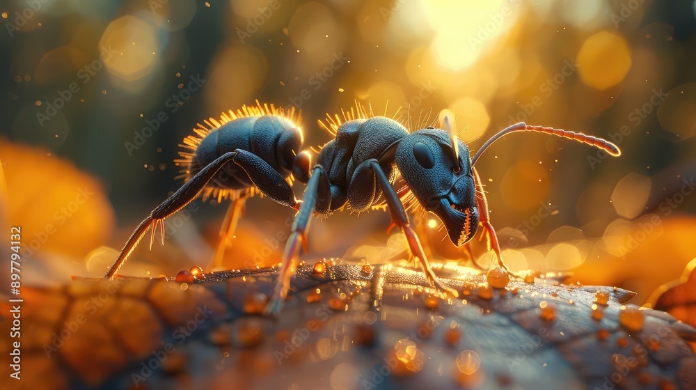 Intricate details of an ant crawling over a leaf
