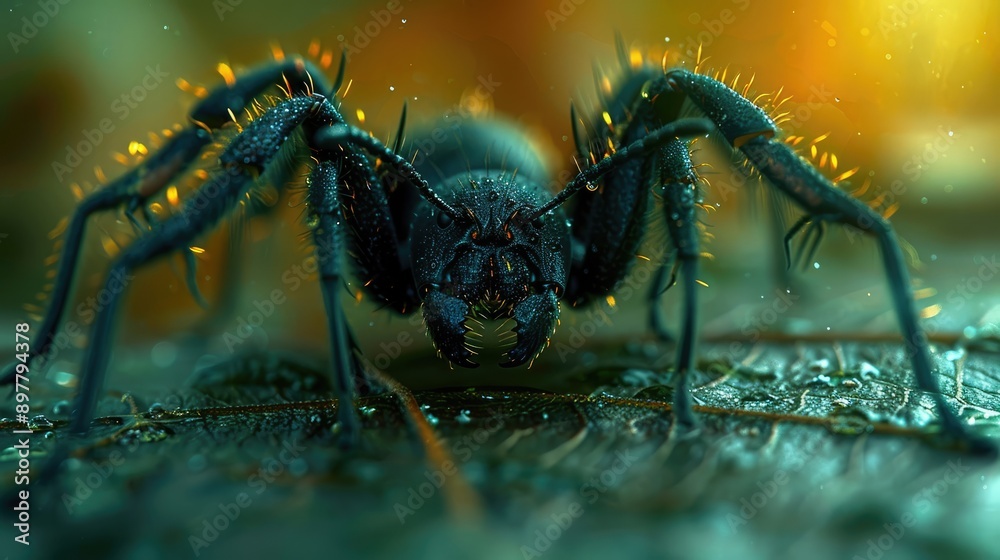 Intricate details of an ant crawling over a leaf