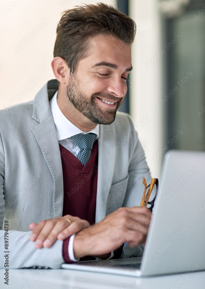 Business man, thinking and laptop in office for growth, research and achievement of project goals. Corporate employee, happy and tech in workplace for positive email, investment and revenue report Business man, thinking and laptop in office for growth, research and achievement of project goals. Corporate employee, happy and tech in workplace for positive email, investment and revenue report
