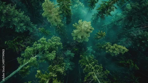 Nature's Canopy: A View of Lush Green Tree Tops from Below