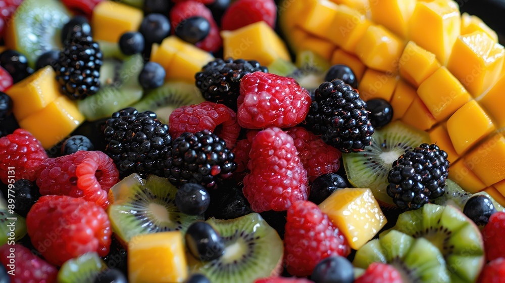 fruit plate with various berries, mango slices and kiwi. fruit plate with various berries, mango slices and kiwi.