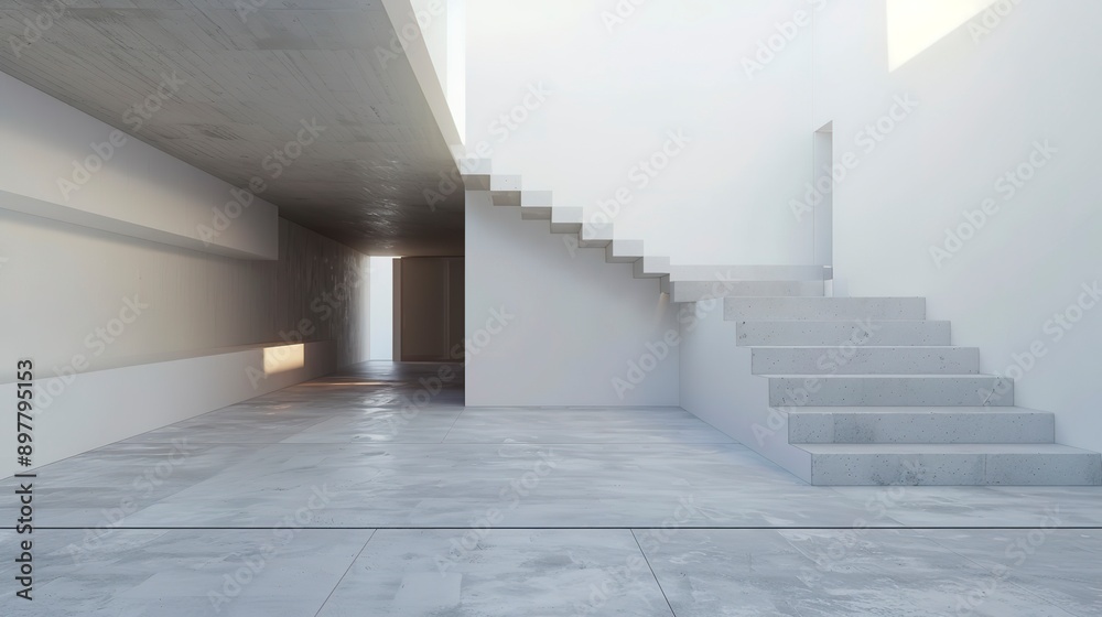 Obraz premium Building with concrete floor and white walls, creating an interior space. 