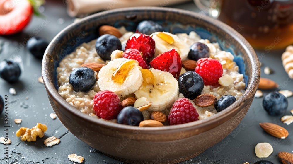 A wholesome bowl of oatmeal topped with fresh fruits, nuts, and a drizzle of honey A wholesome bowl of oatmeal topped with fresh fruits, nuts, and a drizzle of honey