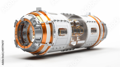 A futuristic cylindrical device with metallic and orange accents, showcasing intricate engineering. photo