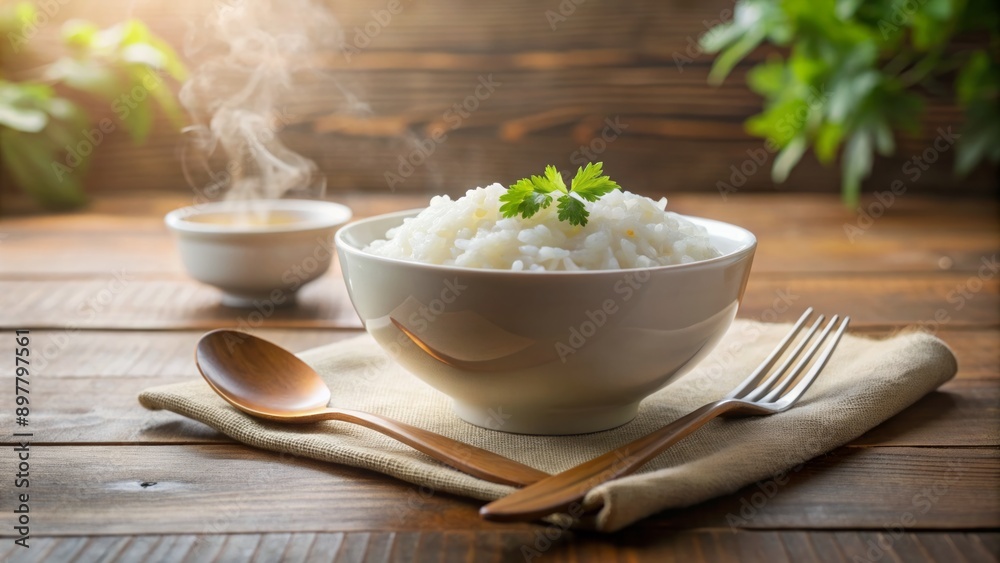 Serenely lit restaurant setting featuring a steaming white bowl of rice porridge, fork, and spoon, evoking morning comfort and tranquility. Serenely lit restaurant setting featuring a steaming white bowl of rice porridge, fork, and spoon, evoking morning comfort and tranquility.