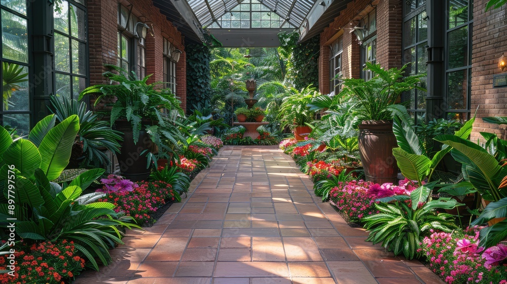 Lush botanical garden with exotic plants