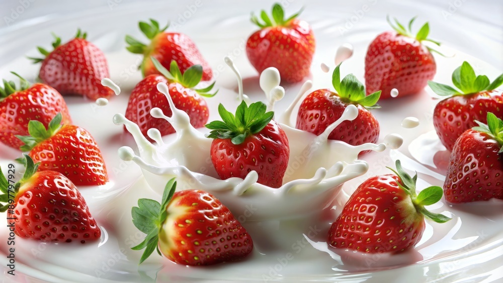 Vibrant strawberries cascade onto a creamy pool of milk and yogurt, artfully arranged against a pristine white canvas backdrop. Vibrant strawberries cascade onto a creamy pool of milk and yogurt, artfully arranged against a pristine white canvas backdrop.