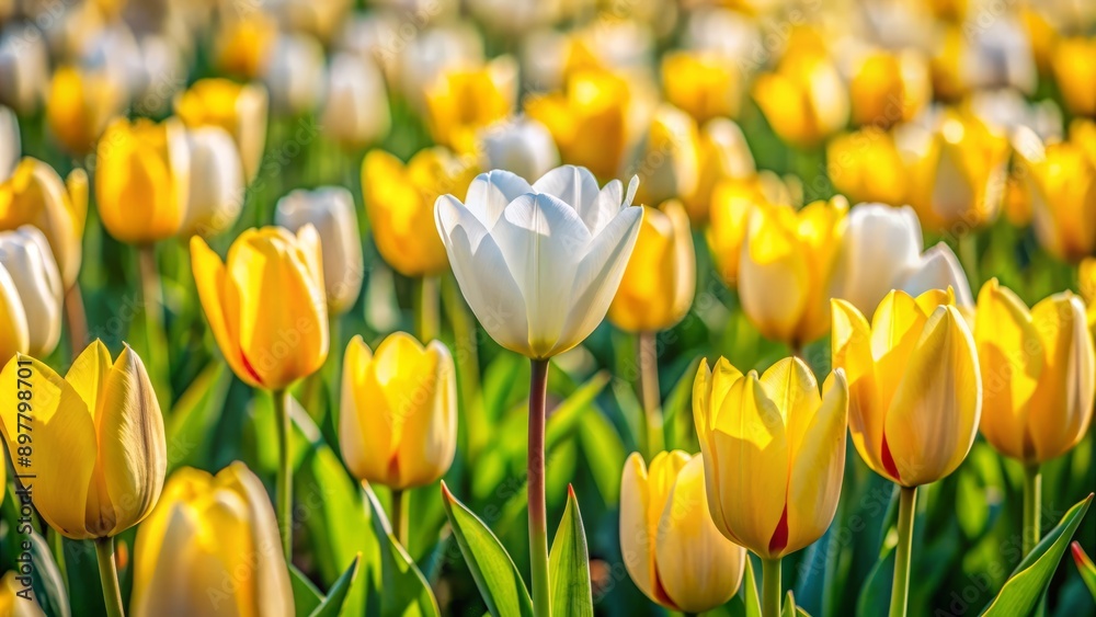 Vibrant yellow tulips surround a singular white bloom, symbolizing individuality and creative thinking, in a stunning horizontal landscape of colorful meadow beauty. Vibrant yellow tulips surround a singular white bloom, symbolizing individuality and creative thinking, in a stunning horizontal landscape of colorful meadow beauty.