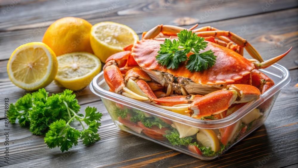 Freshly steamed crab meat overflowingly fills a disposable plastic container, garnished with lemon wedges and parsley, awaiting delivery delight. Freshly steamed crab meat overflowingly fills a disposable plastic container, garnished with lemon wedges and parsley, awaiting delivery delight.