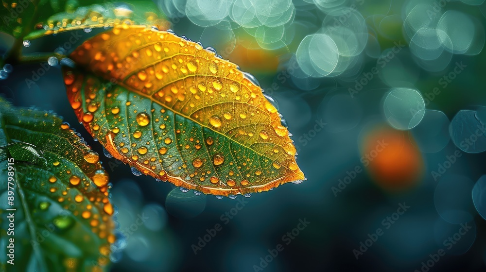 Macro photo of a raindrop clinging to the edge of a leaf, showing its refraction effects