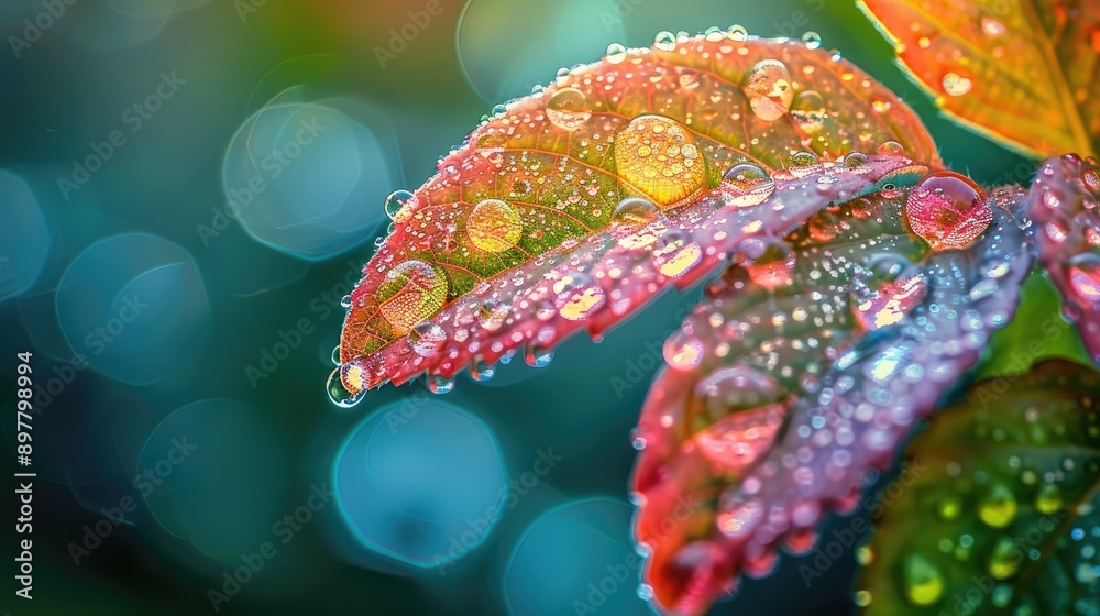 Macro photo of a raindrop clinging to the edge of a leaf, showing its refraction effects