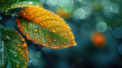 Obraz na płótnie Macro photo of a raindrop clinging to the edge of a leaf, showing its refraction effects w salonie