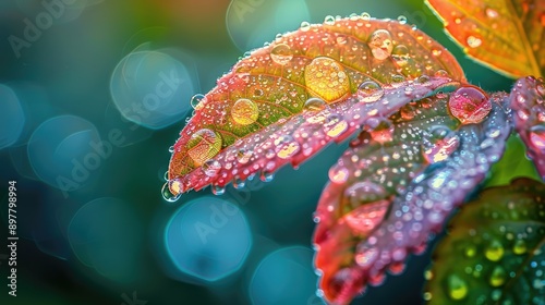 Obraz na płótnie Macro photo of a raindrop clinging to the edge of a leaf, showing its refraction effects w salonie