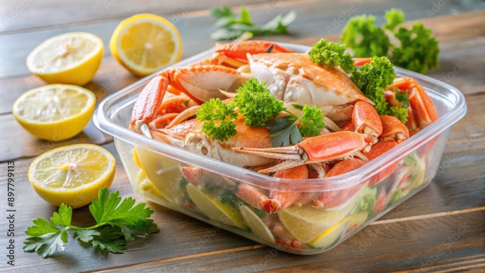 Freshly steamed crab meat overflows from a disposable plastic container, garnished with lemon and parsley, ready for satisfying delivery. Freshly steamed crab meat overflows from a disposable plastic container, garnished with lemon and parsley, ready for satisfying delivery.