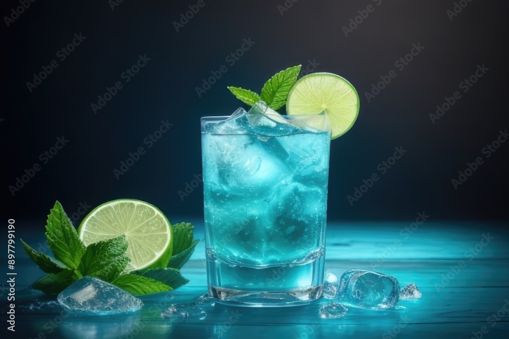 Blue Lagoon mojito with lime and mint leaves over a dark background Blue Lagoon mojito with lime and mint leaves over a dark background