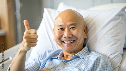 Happy middle aged bald Asian man gives thumbs up from hospital bed, smiling after successful chemotherapy treatment, conveying hope and triumph over cancer. photo