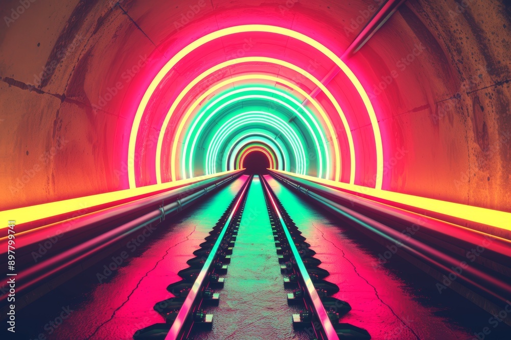 Naklejka premium A vibrant neon tunnel illuminated with colorful lights, creating a captivating visual perspective and dynamic atmosphere.