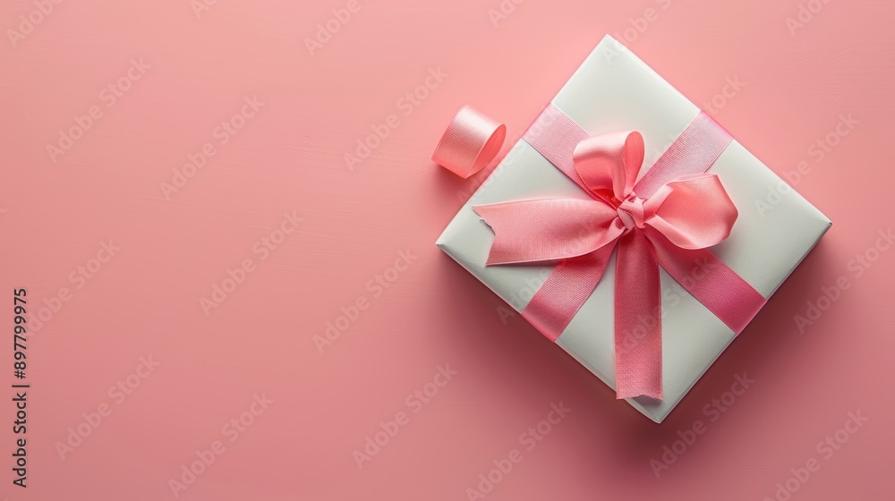 A Gift Wrapped in White Paper with a Pink Ribbon on a Pastel Pink Background. A Gift Wrapped in White Paper with a Pink Ribbon on a Pastel Pink Background.