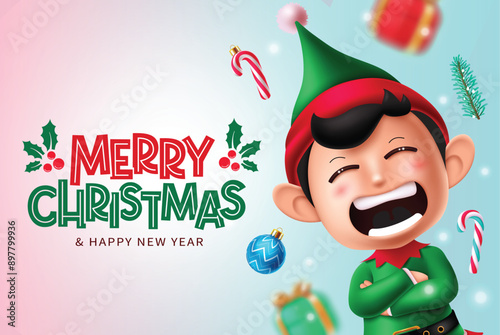 Christmas greeting vector design. Merry christmas greeting text with happy elf character and xmas elements ornaments decoration for seasonal background. Vector illustration holiday season design. 
