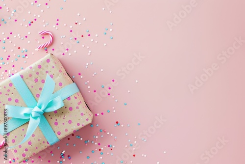 Festive Gift Box with Confetti on Pink Background for Birthday or Holiday Celebration.