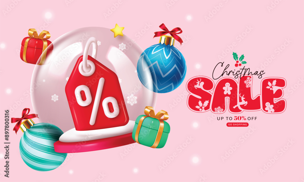 Fototapeta premium Christmas sale vector banner design. Christmas sale text 50% discount promo with percent tag in glass snow ball, xmas ball and gift box elements for flyers advertisement background. Vector 