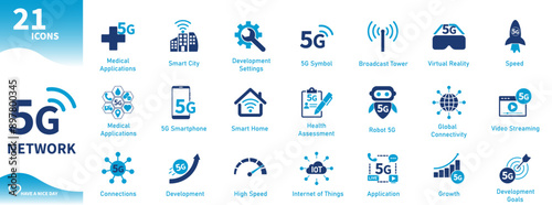 5G Network Icons. Set of icons for connection, internet, digital, high speed, development, telecommunications, data, wifi. Solid vector icons
