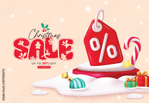 Christmas sale vector banner design. Christmas sale text for holiday shopping promo and discount price tag in red podium snow winter background. Vector illustration seasonal flyer design..
