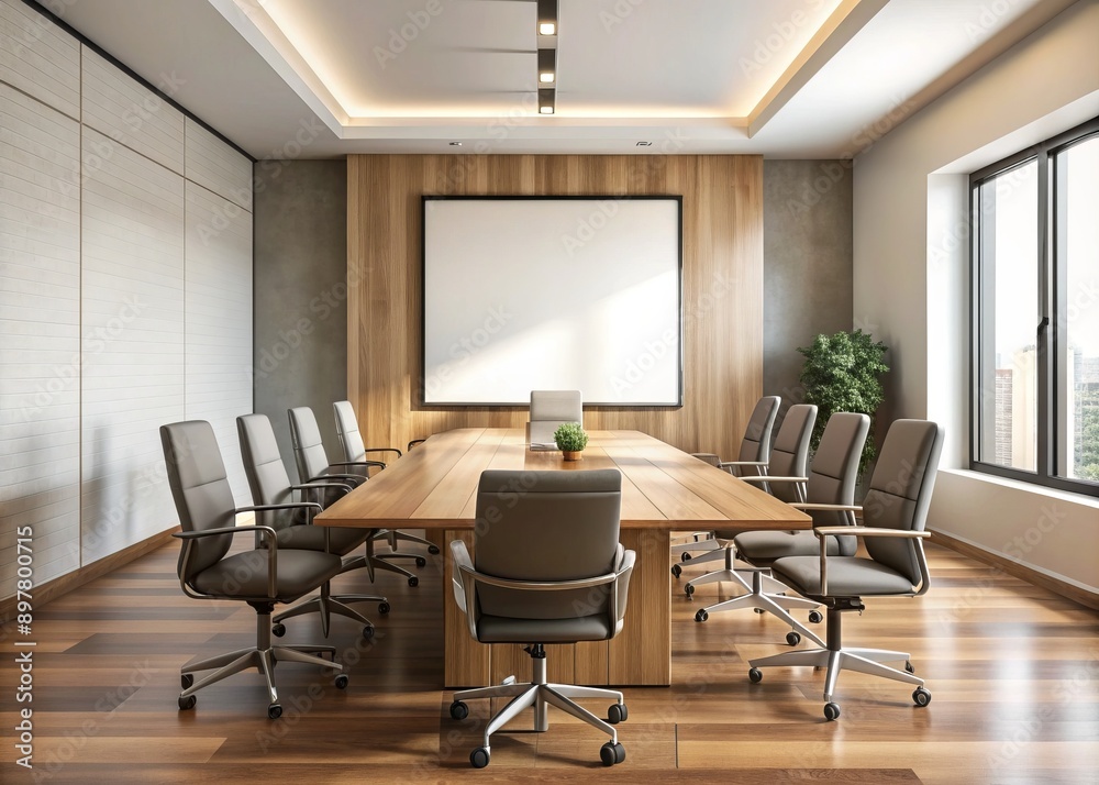 Modern conference room with sleek wooden table, elegant chairs, and large blank mockup screen on wall, awaiting presentation, in neutral tone interior setting. Modern conference room with sleek wooden table, elegant chairs, and large blank mockup screen on wall, awaiting presentation, in neutral tone interior setting.