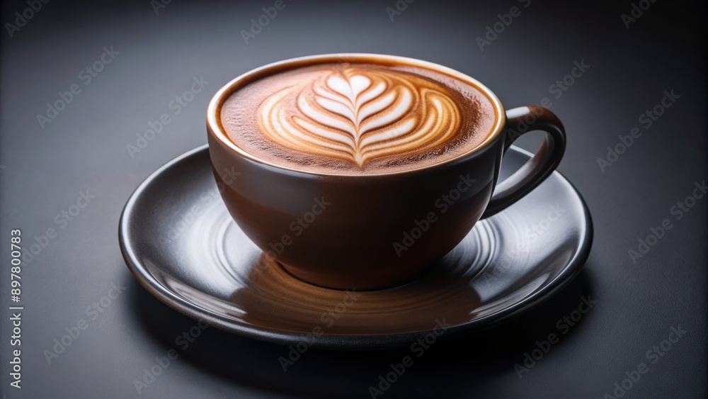 Elegant coffee cup with exquisite designer foam patterns sits prominently on a sleek black ceramic saucer against a muted background. Elegant coffee cup with exquisite designer foam patterns sits prominently on a sleek black ceramic saucer against a muted background.