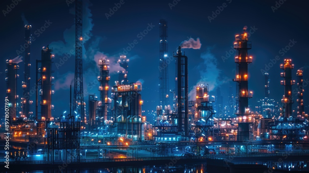 Oil refinery plant at night. Illuminated petroleum oil industry factory. Industrial scenery of gas energy production Oil refinery plant at night. Illuminated petroleum oil industry factory. Industrial scenery of gas energy production