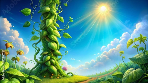 Whimsical illustration of a magical giant beanstalk with vibrant pods and lush foliage against a bright blue sunny sky background. photo