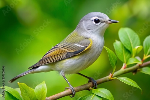 A small, gray-and-white Tennessee Warbler perches on a branch amidst lush green foliage, its bright eyes and distinctive head stripes a striking natural wonder. photo