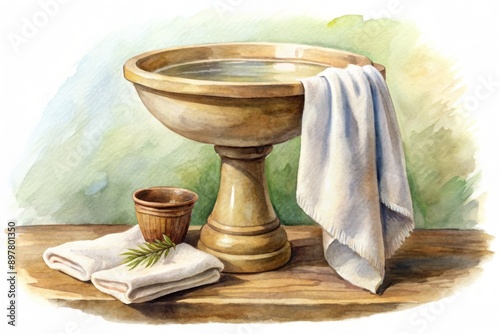 Delicate watercolor illustration depicts a serene scene of a pedestal basin, towel, and water vessel, symbolizing Jesus' humble act of foot washing on Maundy Thursday.