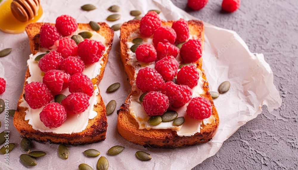 Raspberry and brie sourdough bread toast with pumpkin seeds and drizzled with honey. Raspberry and brie sourdough bread toast with pumpkin seeds and drizzled with honey.