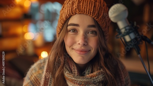 Cozy Podcast Session: Young Woman with Beanie and Scarf Smiling © hisilly