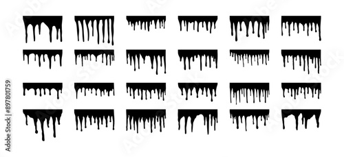 Set and collection of melted paint drip elements. Stream of splashes. Drops and flow of watercolor, oil paint, spray paint in black.  Liquid ink. Grunge.  Hand drawn. Doodle.  Spots silhouettes. Color