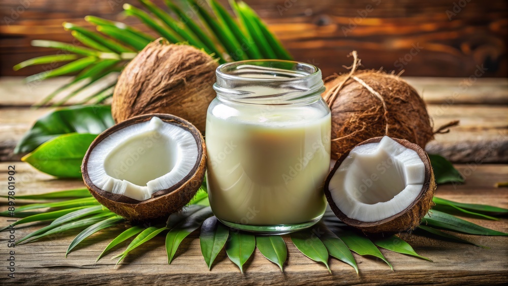 A glass jar filled with creamy oil sits amidst a collection of fresh and cracked coconuts, showcasing natural ingredient origin. A glass jar filled with creamy oil sits amidst a collection of fresh and cracked coconuts, showcasing natural ingredient origin.