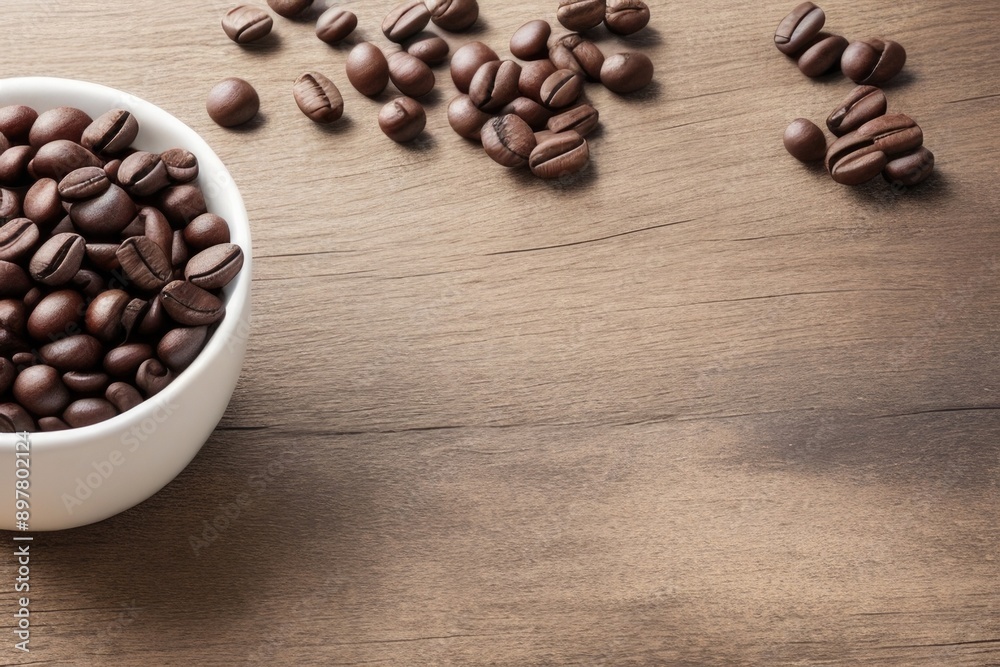Flat-lay Coffee bean roasted over a wooden table with a copy space Flat-lay Coffee bean roasted over a wooden table with a copy space