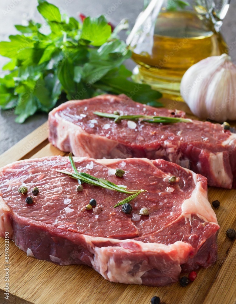 Raw beef steaks with herbs and spices ready for cooking are on wooden board. Raw beef steaks with herbs and spices ready for cooking are on wooden board.