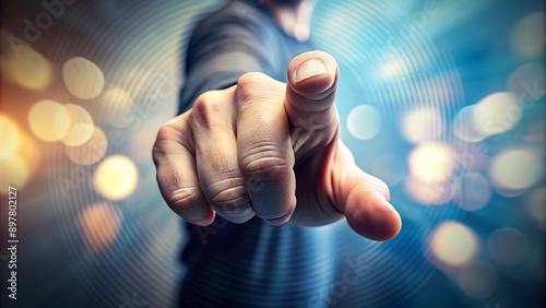 Close-up of a solitary accusatory index finger, rigid with tension, suspended in mid-air against a blurred, abstract background. photo