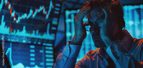 Cryng stock trader sitting in front of red trading chart on the wall, looking sad and worried, wearing glasses with black frame photo