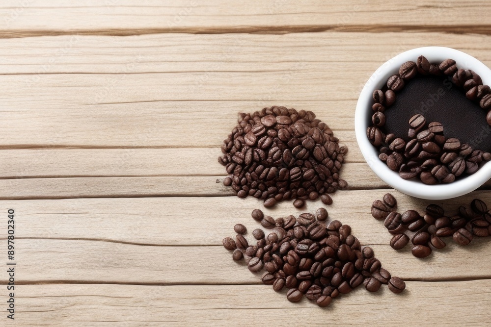 Flat-lay Coffee bean roasted over a wooden table with a copy space Flat-lay Coffee bean roasted over a wooden table with a copy space