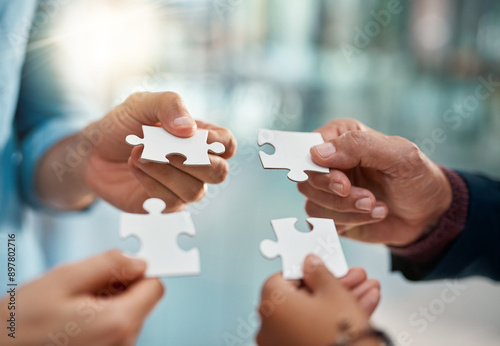 Obraz na plátně Business people, puzzle and hands with teamwork, planning and cooperation for project, merger or support
