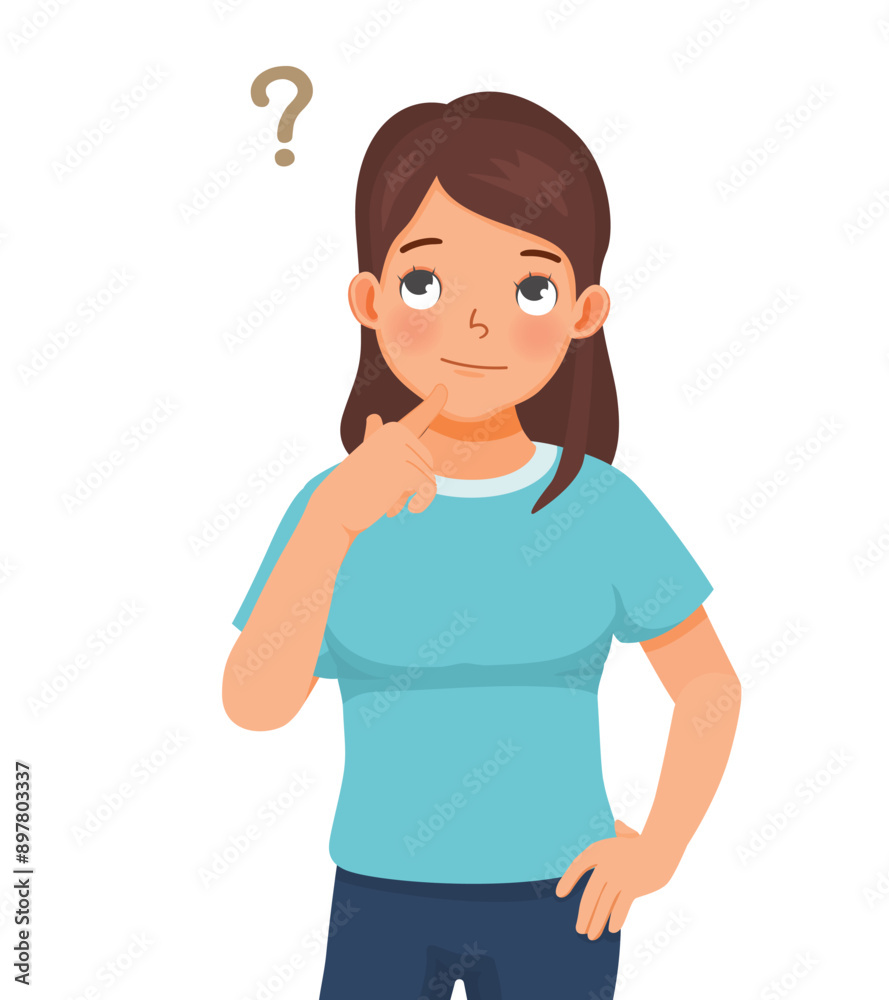 Beautiful young woman thinking confused with question mark Beautiful young woman thinking confused with question mark