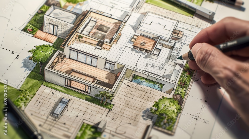 Illustrate an architect drawing a detailed floor plan for a luxury villa, highlighting the spacious living areas, elegant interiors, and sophisticated design Illustrate an architect drawing a detailed floor plan for a luxury villa, highlighting the spacious living areas, elegant interiors, and sophisticated design